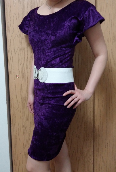 purple velour dress with white belt